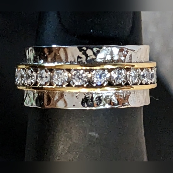 PRICE DROP 14k Gold & Sterling Band with Circle of White Cubic Zirconia - Picture 3 of 7